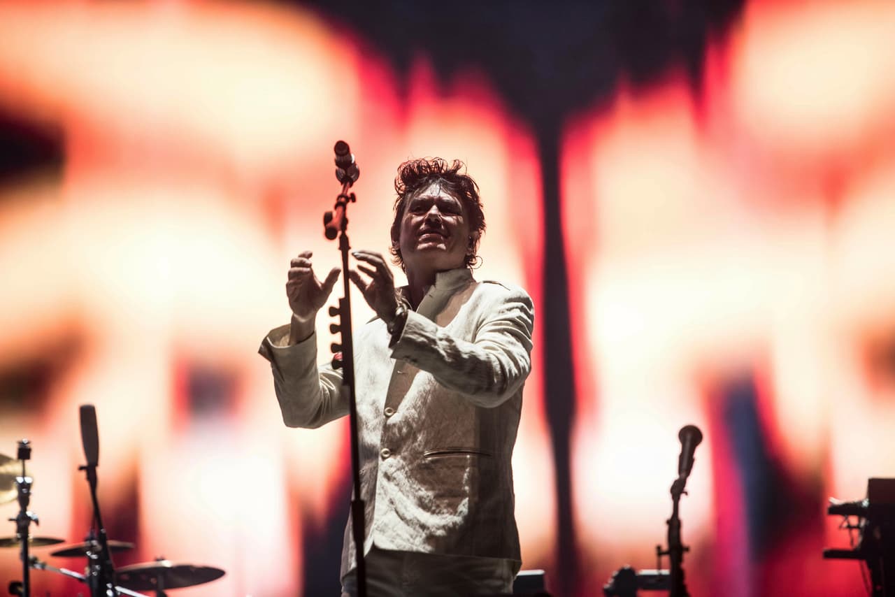 Singer Saul Hernandez of band Caifanes performs during the Vive Latino music festival in Mexico City, Saturday, March 16, 2019. The two-day rock festival is one of the most important and longest running of Mexico. (AP Photo/Christian Palma)